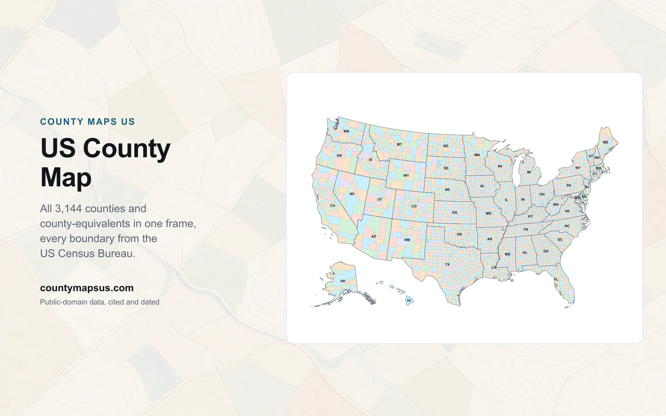 US county map: all 3,144 counties and county-equivalents with state abbreviations, from US Census Bureau boundary data